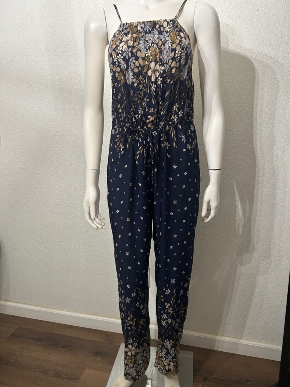 Navy Floral Spaghetti-Strap Jumpsuit